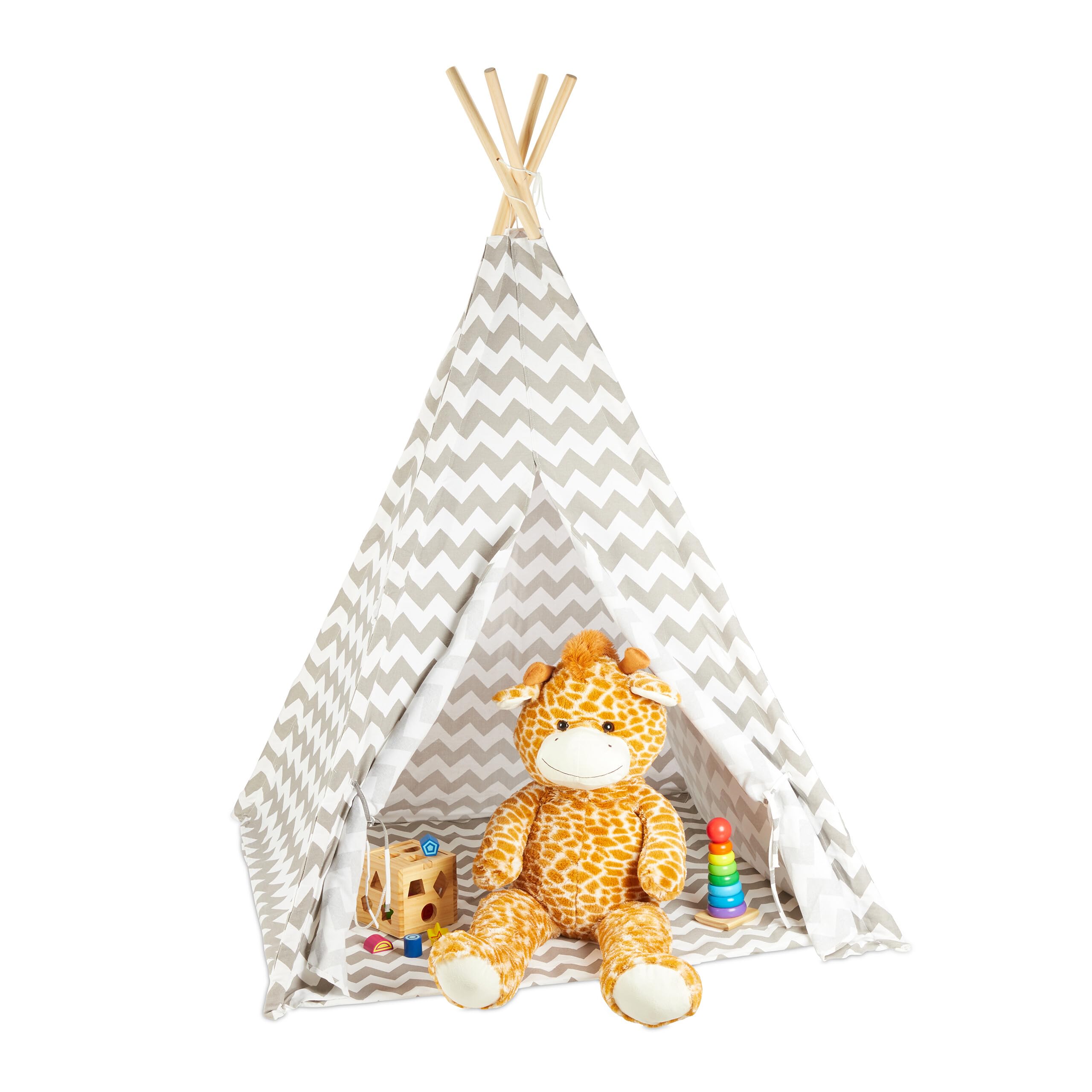 Relaxdays Teepee, Play Tent With Flooring, Includes Bag, Wigwam For Kids, HxWxD: 160 x 115 x 115 cm, White-grey