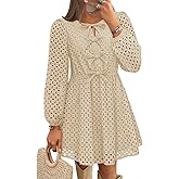 ZESICA Women's Long Sleeve Mini Dress 2026 Fall Crewneck Tie Front Hollow Out Eyelet Babydoll A Line Short Dresses