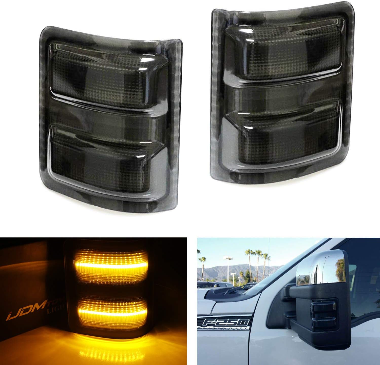 iJDMTOY (2) Smoked Lens Amber LED Side Mirror Marker Lamps Compatible With 2008-16 Ford F250 F350 F450 Super Duty