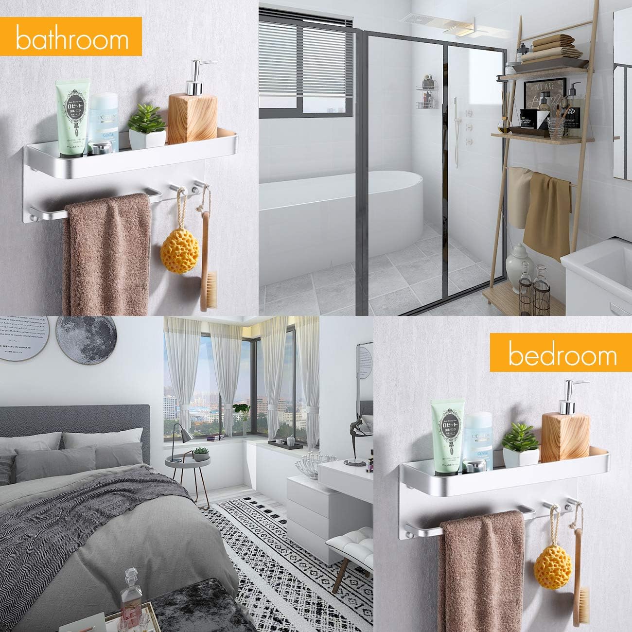 KES Bathroom Shelf with Towel Bar and 2 Hooks Adhesive Shower Storage Aluminum Kitchen Shelf No Drill Wall Mount Anodized Silver, BSC404DG - - 