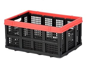 Magna Cart 63L (16.6 Gal) Collapsible Milk Crate, Stackable Plastic Storage Bin, Lightweight, Heavy Duty Crate Holds 55lbs, Black/Red