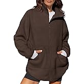 LASLULU Womens Full Zip Fleece Long Jacket Sherpa Oversized Sweatshirts Stand Collar Winter Coat Warm Sweater