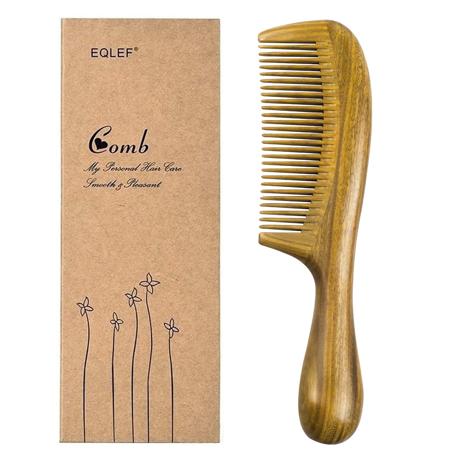 EQLEF Green Sandalwood Comb, Anti Static Wooden Comb with Rounded Handle for Curly or Straight Hair