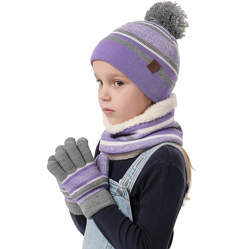 Kids Winter Beanie Hat Scarf Gloves Set - Fleece Lined 3-Piece Set For Boys & Girls Ages 2-7