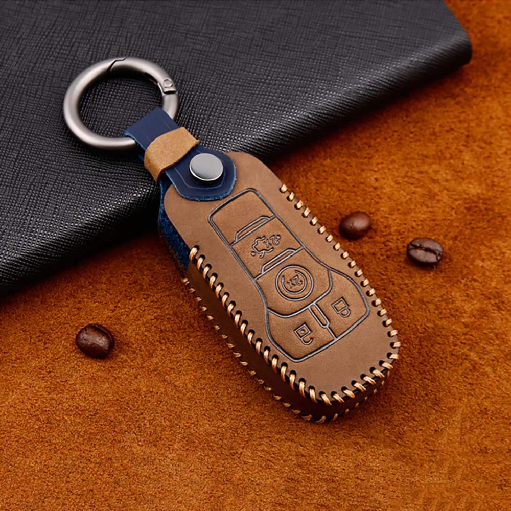 ontto for Ford Car Key Cover Premium Leather Key Fob Cover Holder Protector for Ford F-150 Ford Explorer Ford Edge Ford Fusion 2015-2017 Remote Car Key Case Keyring Brown