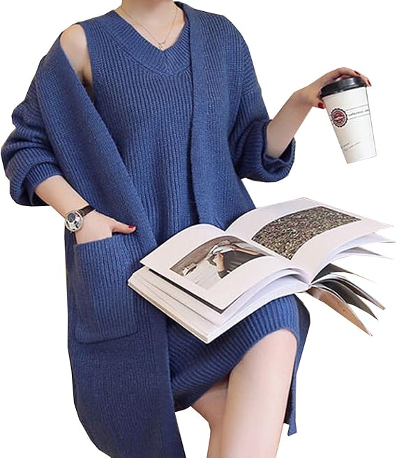 Amazon Co Jp マーシェル Marshel マタニティ ワンピース カーディガン ニット アンサンブル セット おしゃれ 産前 産後 長く使える 妊婦服 ブルー 服 ファッション小物