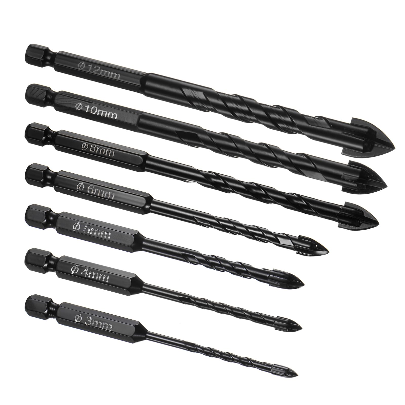 Kozelo 7 Pcs Glass Concrete Drill Bit - [3/4/5/6/8/10/12mm] Carbide Tip Concrete Masonry Drill Bit for Concrete, Glass, Walls, Bricks, Wood Use | 1/4 Inch Shank, High Speed Steel