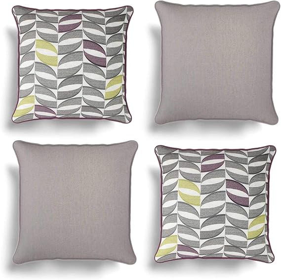 Set of 4 Purple & Grey Cushion Covers, Pack of Four Matching Geometric