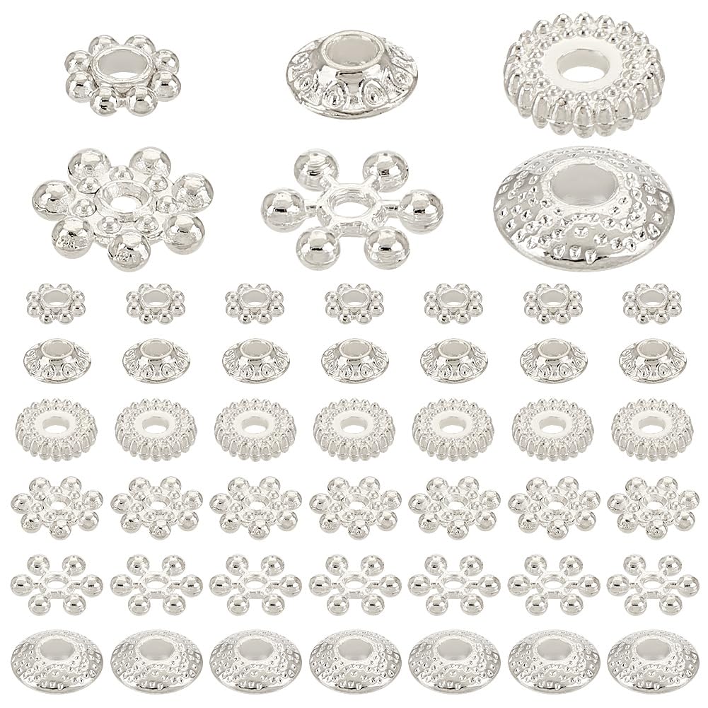 PH PandaHall 6 Styles 300PCS Silver Spacer Bead Snowflake Beads Daisy Flower Beads Flat Rondelle Metal Bead for Jewellery Making Christmas Bracelet Necklace Earring Craft Supplies