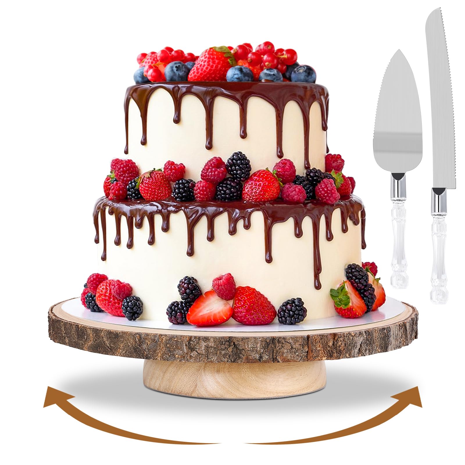 Photo 1 of Cake Stand Rotating 12Inch Wood Cake Stand with Knife and Server Set Rustic Cake Stands for Wedding/Cake Decorating/Party/Baby Showers/Reception/Decor