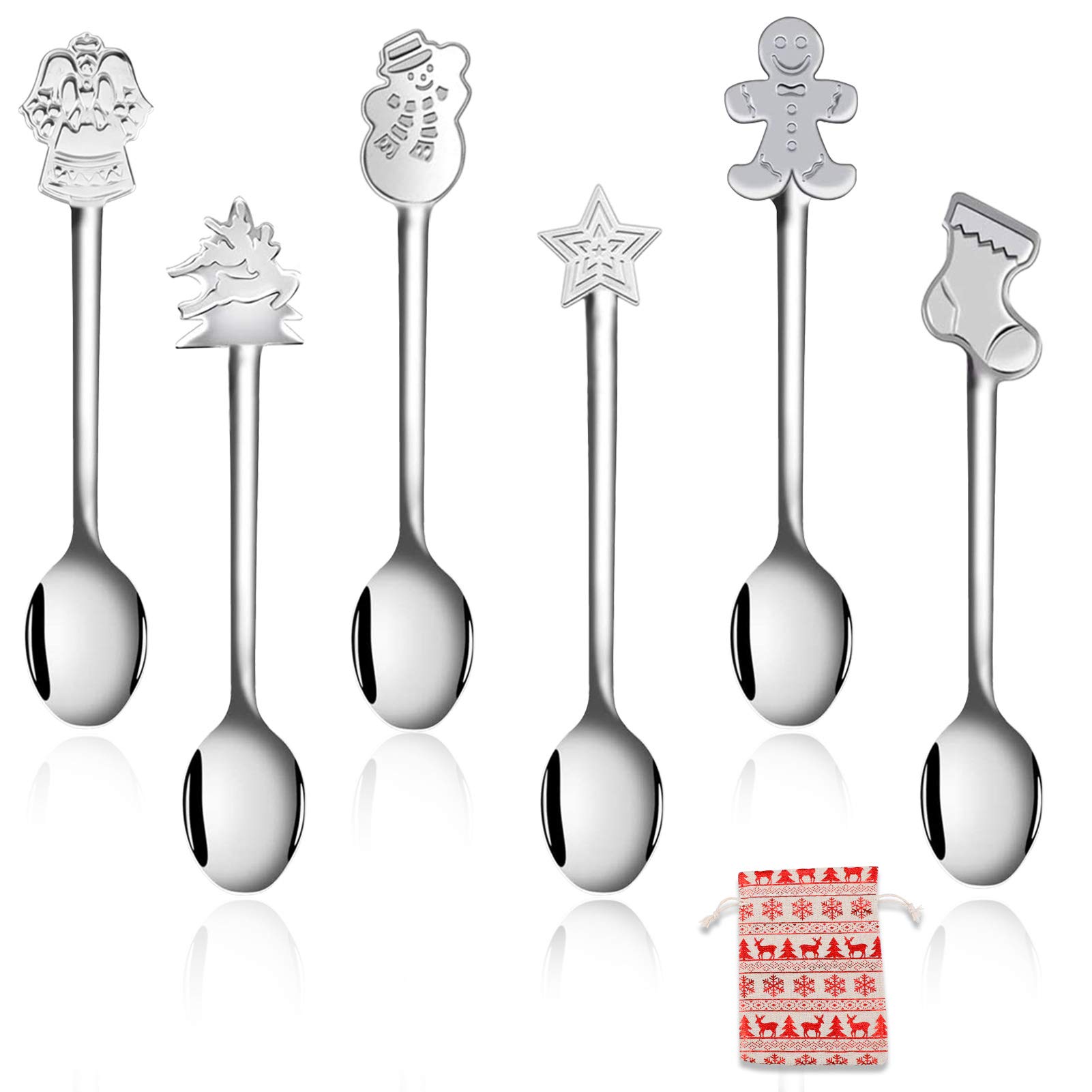 HOWAF 6 Pieces Christmas Spoons Coffee Spoon Stainless Steel Tea Spoons Christmas Cutlery Ice Cream Dessert Spoons Teaspoons Set with Xmas Drawstring Bag, Silver