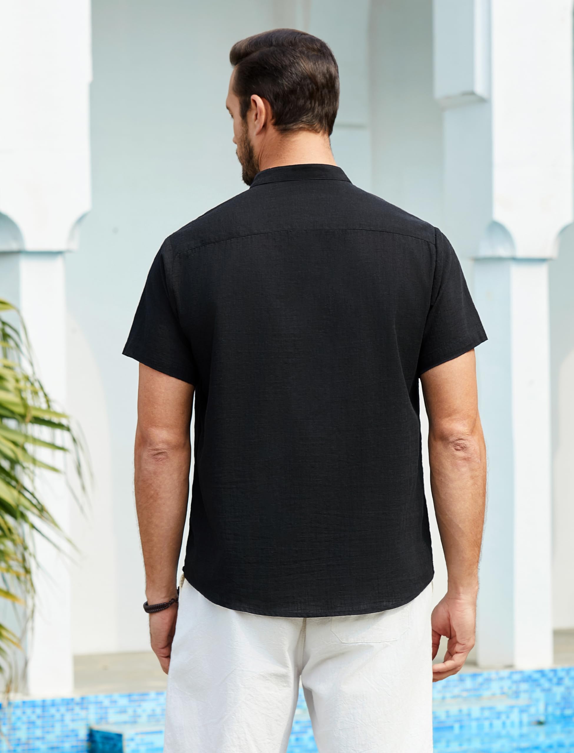 Enlision Herren Hemd Kurzarm Schwarz Baumwolle Leinenhemd Leichtes Sommerhemd Ohne Kragen Freizeithemden für Herren Henley Shirt Regular Fit L 3