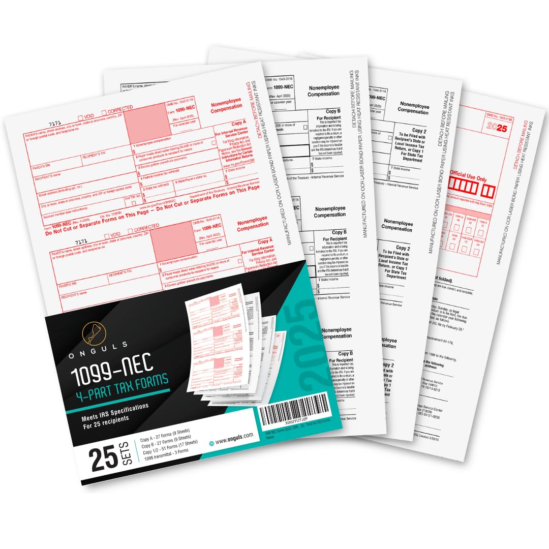 Photo 1 of 1099 NEC Forms 2025, 1099 NEC Laser Forms IRS Approved Designed for QuickBooks and Accounting Software 2025, 4 Part Tax Forms Kit, 25 Vendor Kit – Total 38 (108) Forms
