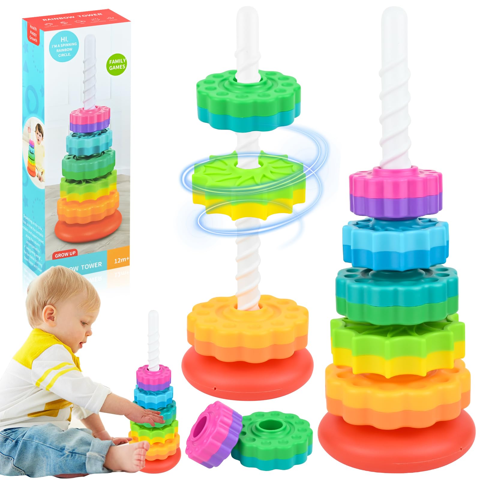 Baby Spinning Stacking Toy - Rainbow Tower Ring Stacker Toy,Spinbow Colour Tower,Sensory Spin Gears Rings Toys,Montessori Baby Fine Motor Skills Toys,Early Educational Learning ToY for 1+ year olds