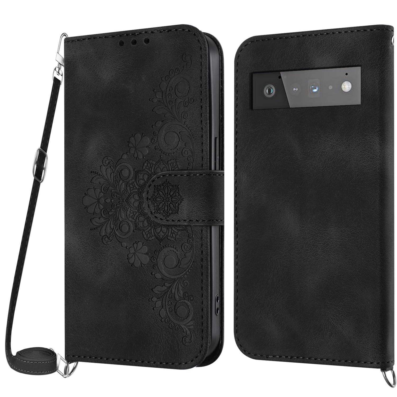 Netany Lanyard Case for Google Pixel 6 Pro, PU Leather Wallet Phone Case with Adjustable Crossbody Lanyard Strap, Card Holder Magnetic Flip Folio Shockproof Case Cover for Google Pixel 6 Pro (Black)