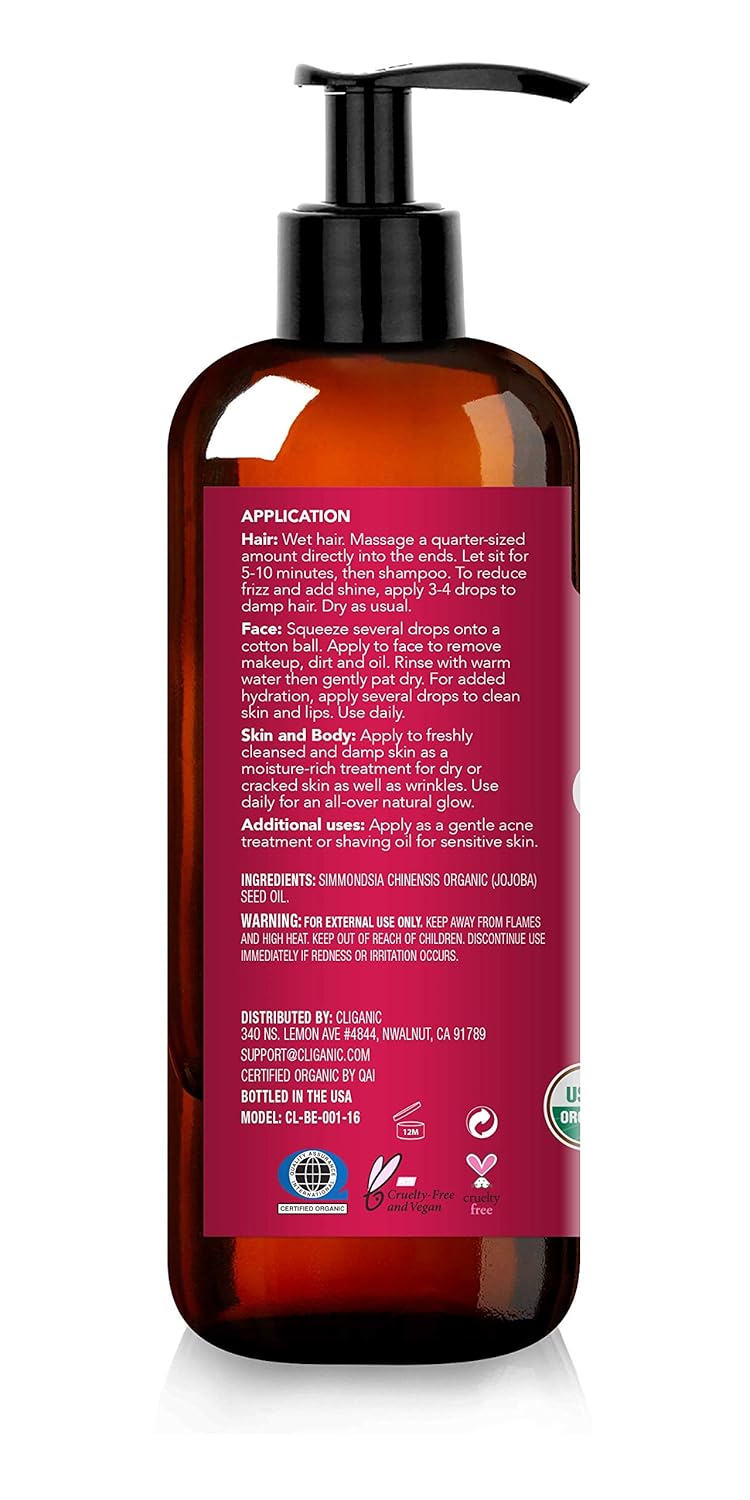 USDA Organic Jojoba Oil 16 oz with Pump, 100% Pure | Bulk, Natural Cold Pressed Unrefined Hexane Free Oil for Hair & Face | Base Carrier Oil - Certified Organic: Beauty
