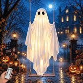 Swinging Ghost Outdoor Decor, Halloween Decorations Hanging Ghost 5FT | Pre-Assembled, Remote‑Control, Waterproof, 8-LED, Adjustable Height, Halloween Light for Outdoor Indoor Porch Tree