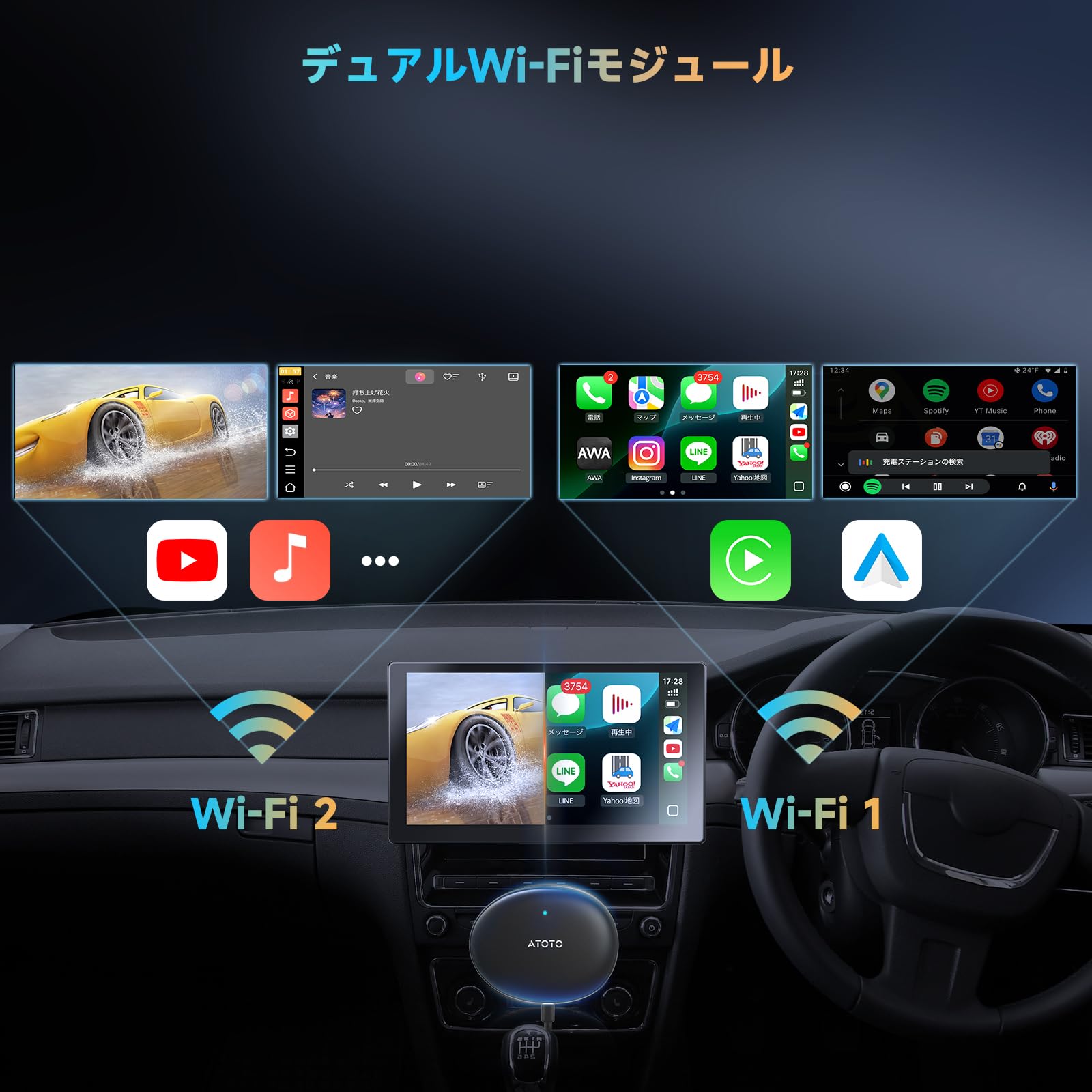 AD5 CarPlay ワイヤレス Ai Box 純正ナビがAndroidタブレットに早変わり YouTube・Netflix動画視聴 ワイヤレスCarPlay & Android Auto両対応 話せるAIアシスタントChatGPT搭載 OTA更新対応「技適取得済み品」