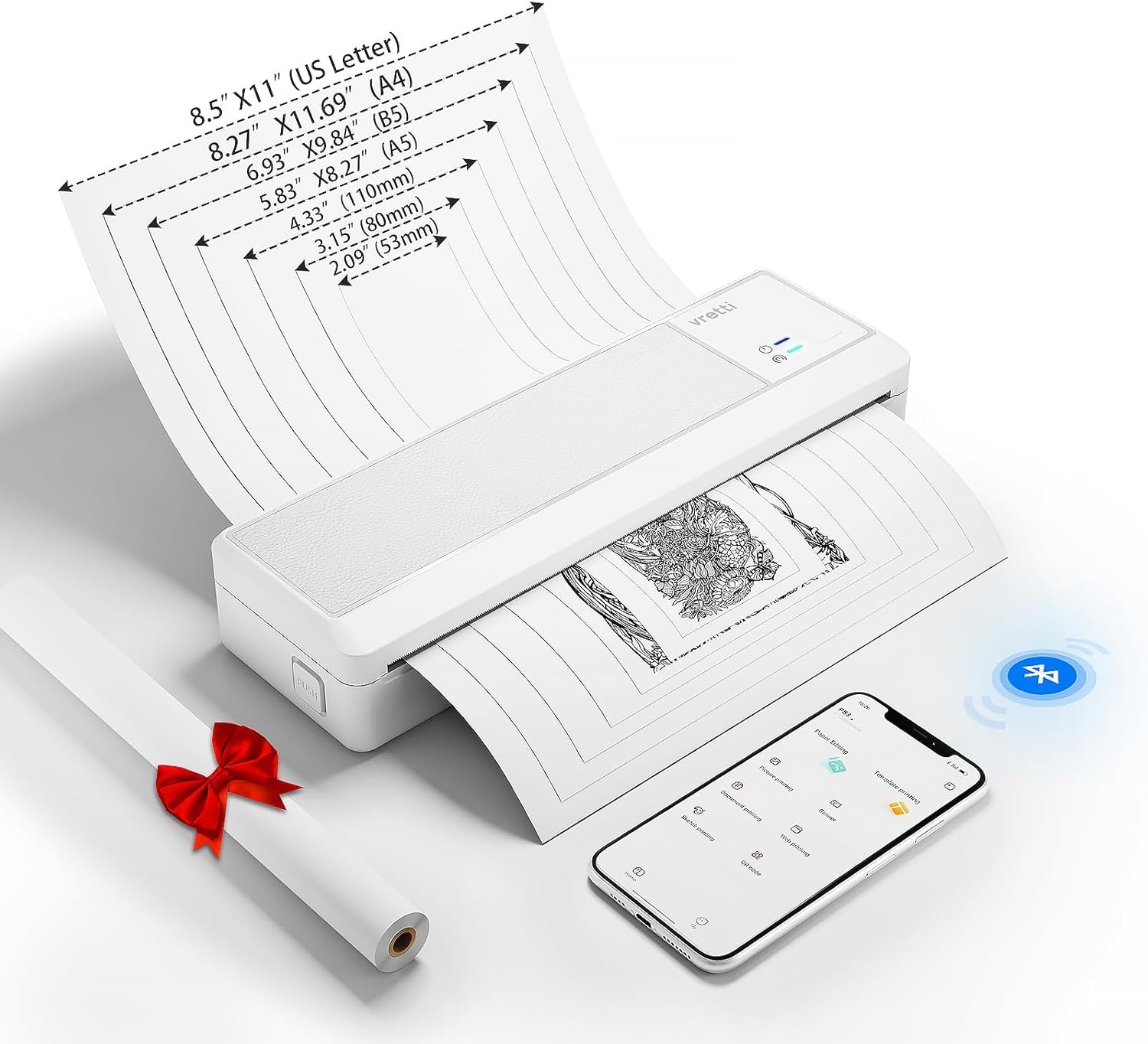 Photo 1 of vretti P83 Portable Printers Wireless for Travel, A4 Portable Thermal Printer, Mobile Inkless Printer Compatible with Phone & Laptop, Supports 8.5 x 11 US Letter for Car School Office Home Use, White