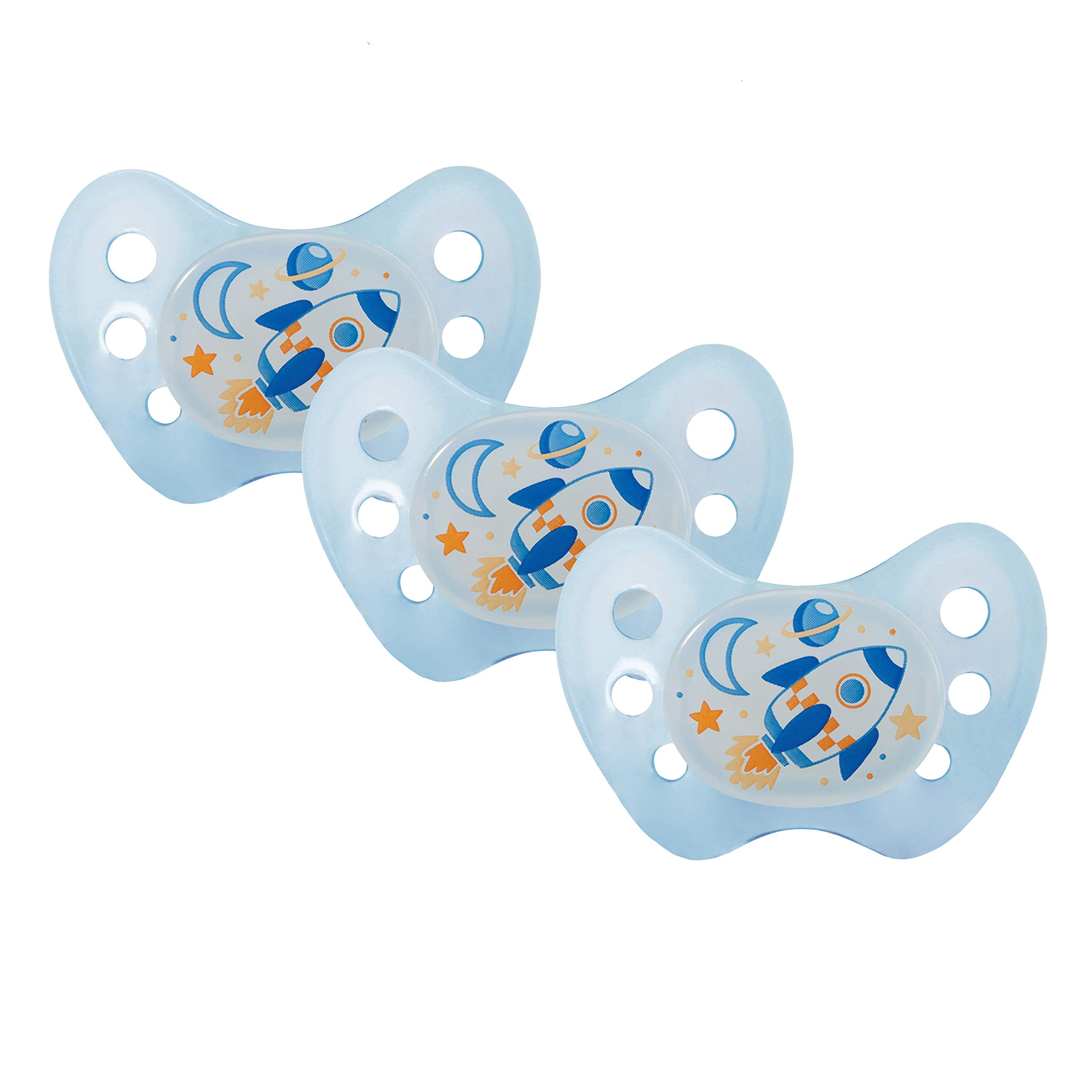 dentistar Night Silicone Soother Set of 3 - Size 1, 0-6 Months - Silicone Soother with Dental Step - Glow in The Dark Baby Dummy - Made in Germany - Rocket, Blue