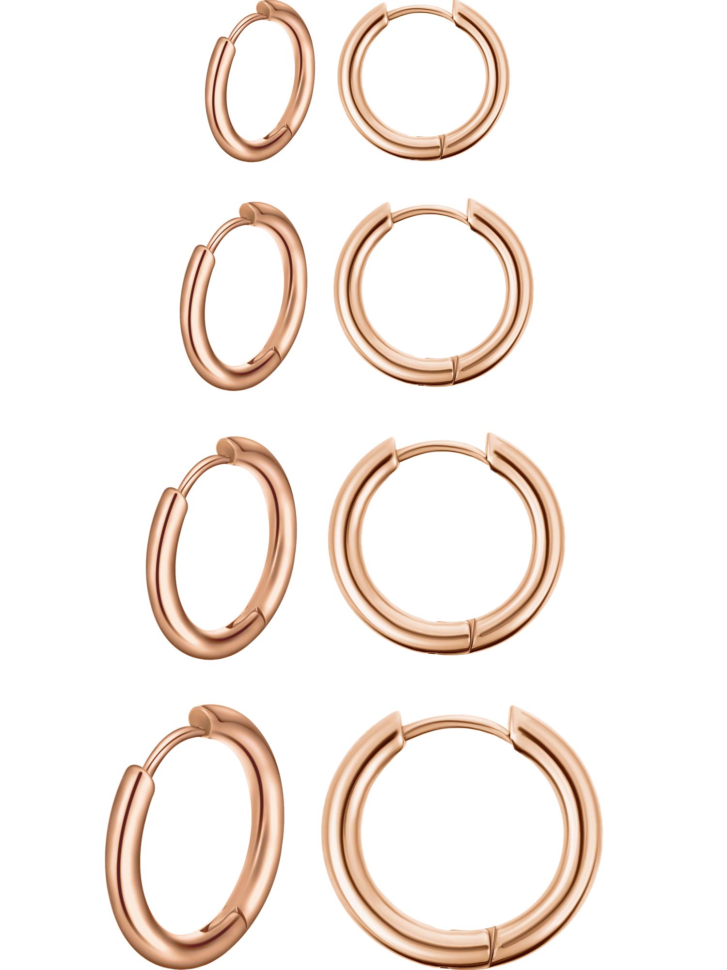 4 Pairs Stainless Steel Hoop Earrings Nose Lip Rings Small Cartilage Hoop Earrings for Men and Women Accessory Favors, 8 mm, 10 mm, 12 mm, 14 mm (Rose Gold)