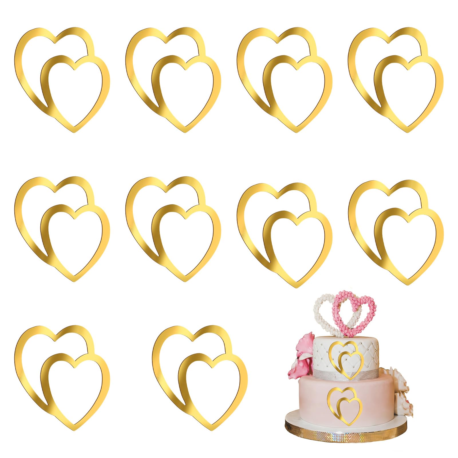 URROMA Golden Valentine's Day Cake Decor, 10Pcs Double Hollow Heart-shaped Cake Mirror Acrylic Cake Topper Acrylic Cake Charm Cake Decor Party Supplies