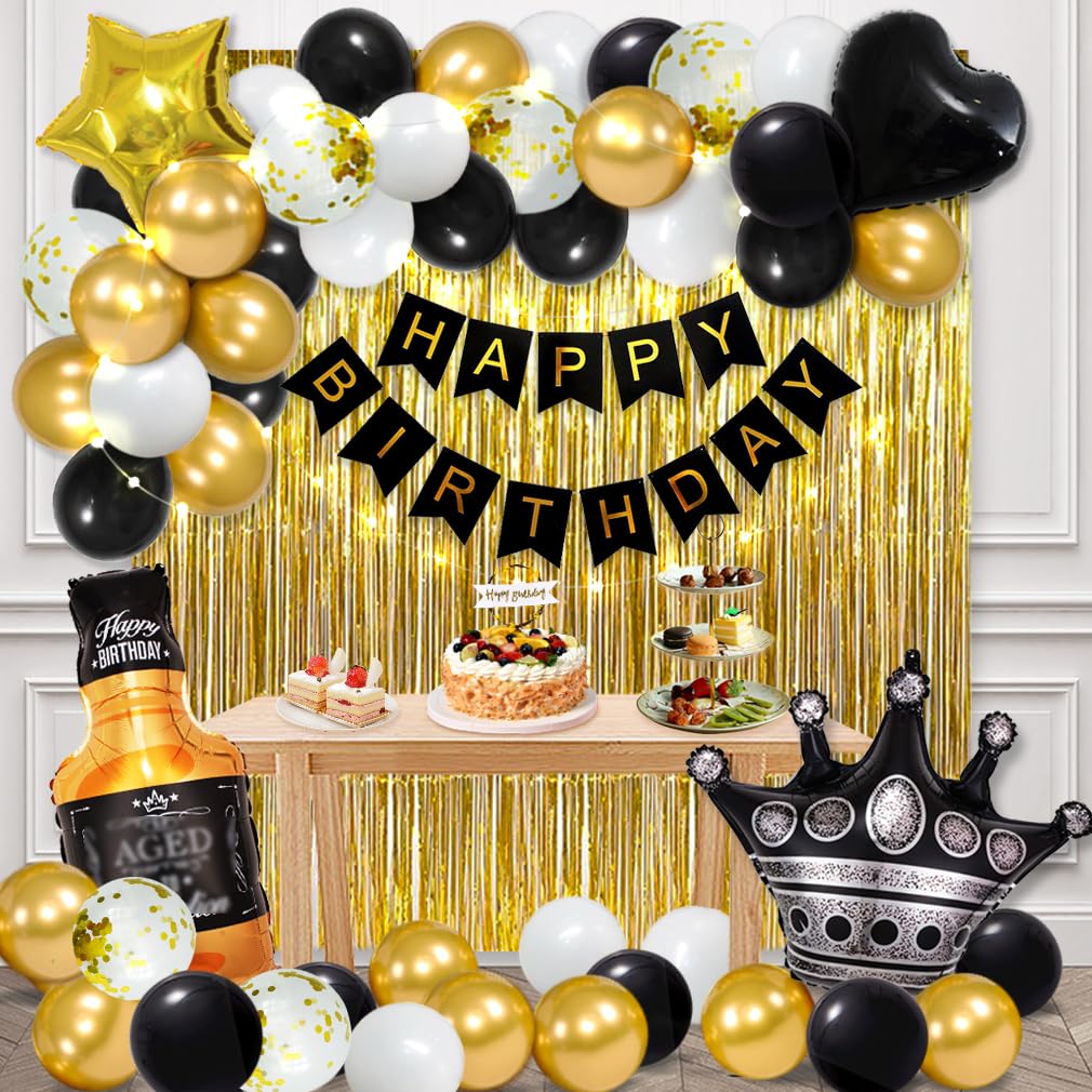 Photo 1 of MSMANCY Black and Gold Birthday Decorations with Happy Bithday Banner, Curtains, Bottle, Crown, Heart Star Balloons and LED light for Black Birthday Party Decorations Men Women(Black-gold)