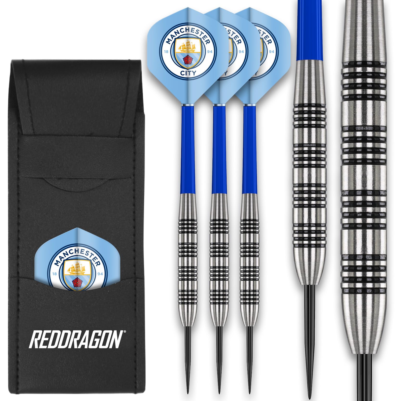 FOCO Officially Licensed Manchester City FC Flights with 80% Tungsten 24g Red Dragon Darts set - including Dart Shafts & Dart Bar Wallet - Professional Darts Accessories