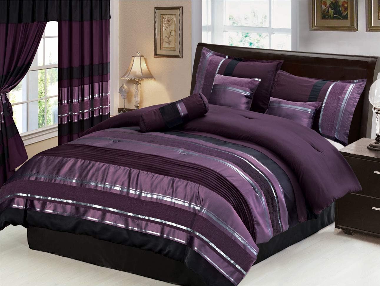 Gand Linen 7 Pieces Purple Silver Chenille Comforter Set for Queen Size Bedding