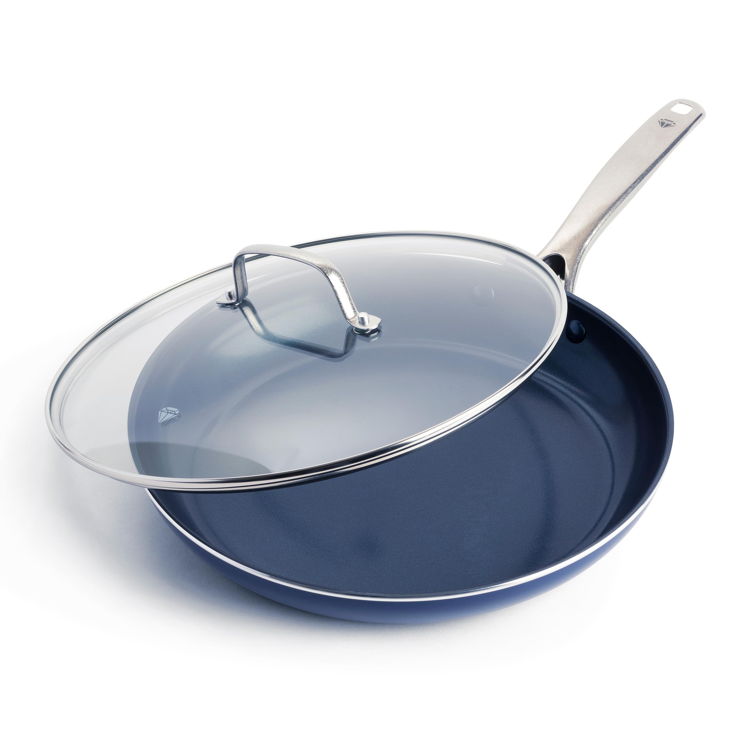 Photo 1 of **HEAVILY USED/ BURN RING ON PAN BASE** Blue Diamond 12" Nonstick Frying Pan with Lid, Diamond Infused PFAS & PTFE-Free Ceramic Skillet, Dishwasher & Oven Safe, Stay Cool Handle, Durable Non Toxic Metal Utensil Safe, Glass Lid, Blue