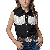 Noomelfish Girls Fringe Western Shirt Pearl Snap Button Down Cowgirl Outfits Sleeveless Blouse Tops (5-14 Years)