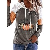 Leopard Plaid Pumpkin Kangaroo Pocket Hoodie Women Plaid Pumpkin Thanksgiving T-Shirt Color Block Fall Tshirts