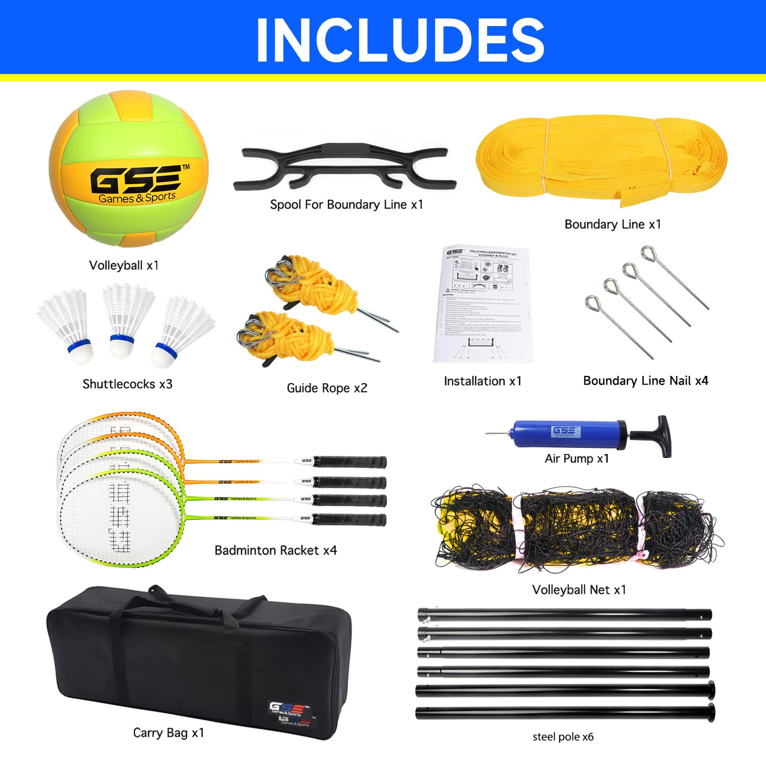 GSE Games & Sports Expert Outdoor Yard Sports Net Game Set for Backyards, Parks, Beach, Lawn. Volleyball Set, Badminton Set OR Volleyball & Badminton Combo Set Available