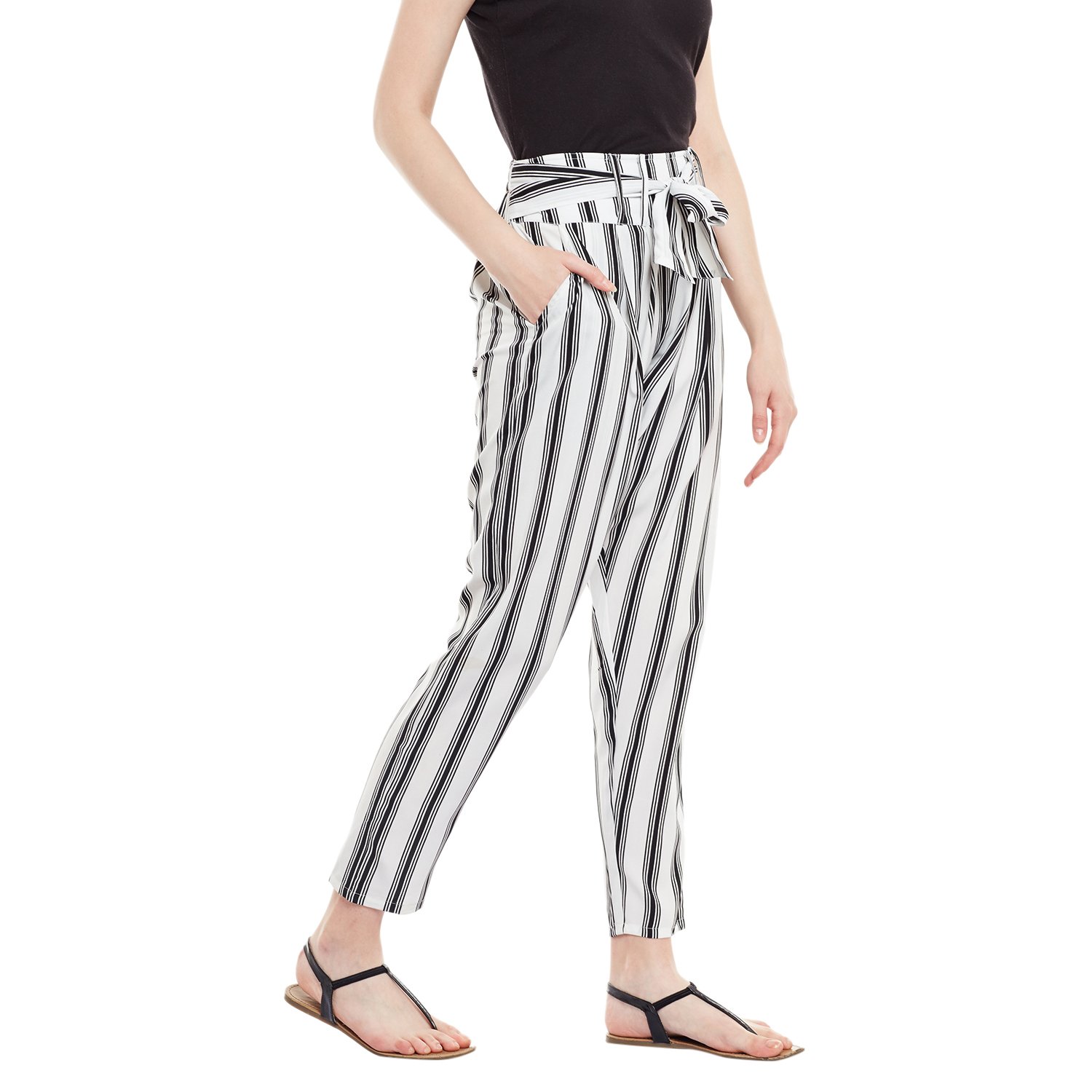 panit women's crepe striped cigarette trouser black & white