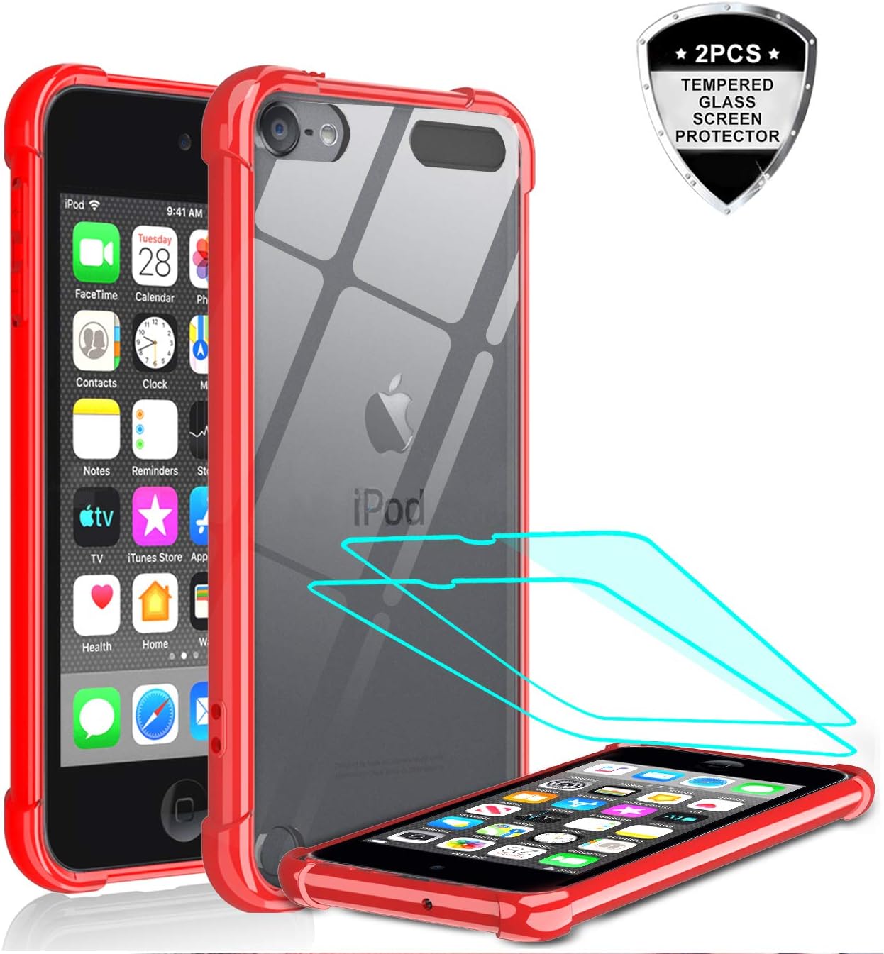 iPod Touch 7 Case, iPod Touch 6 Case, iPod Touch 5 Case with Tempered Glass Screen Protector [2 Pack], LeYi Shockproof Crystal Clear Soft Bumper Hard Case for Apple iPod Touch 7th/ 6th/ 5th Generation