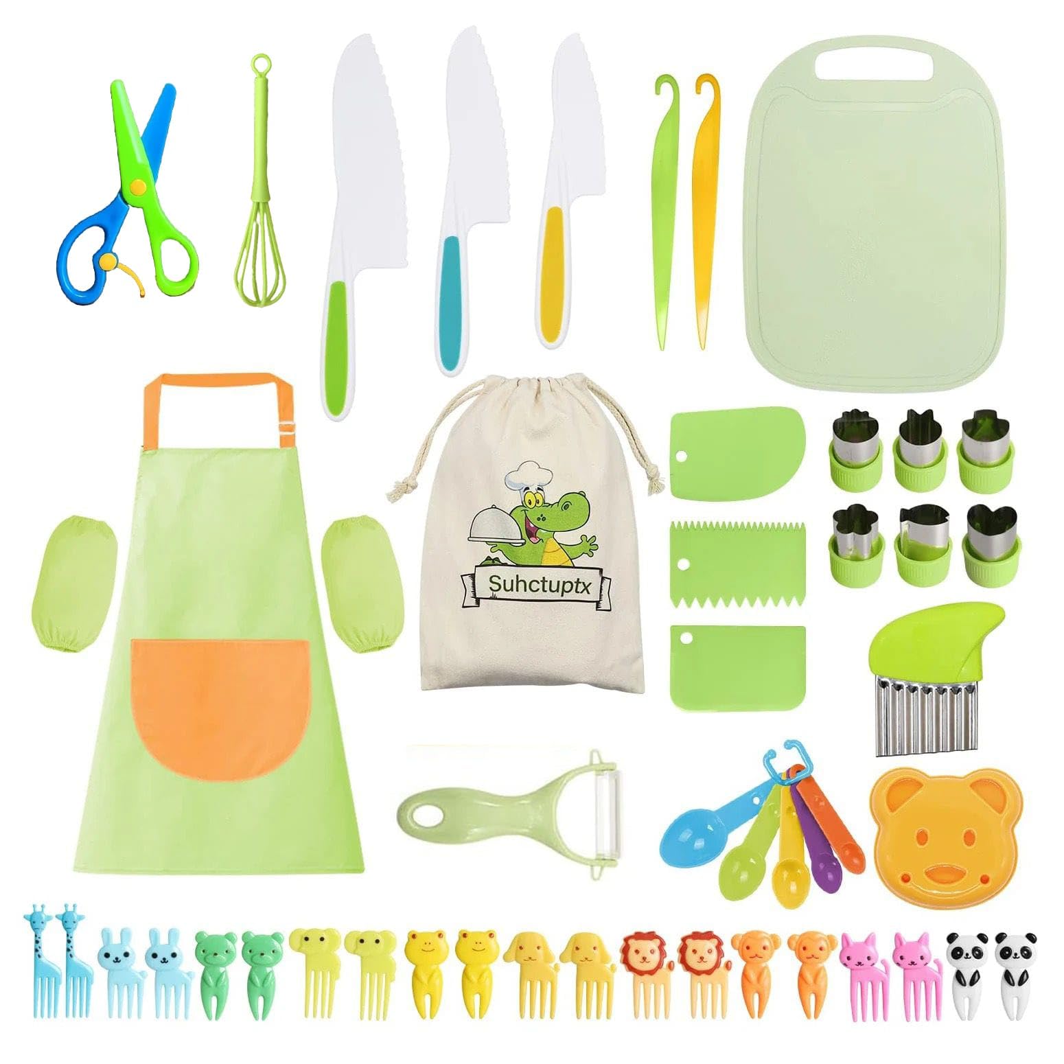 TOYSENTIALS 50 Pieces Kids Kitchen Knife Set/Toddler Safe Set for Real Cooking with Play Knife/Apron/Cookie Cutters/Plastic Toddler Knife/Cutting Board/Y-Peeler/Spoon/Fruit Fork