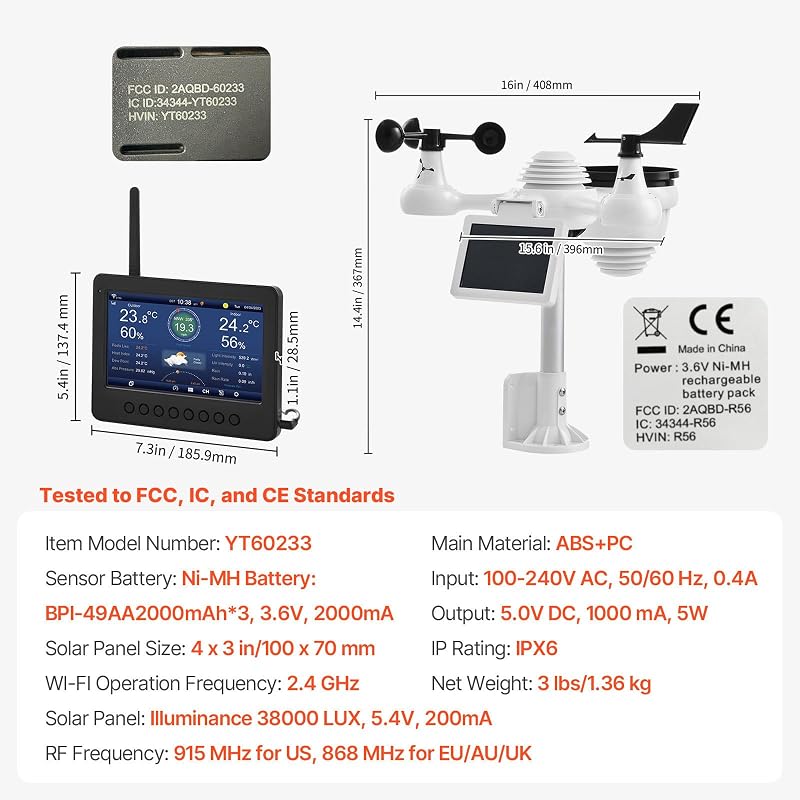 Stazione Meteorologica Wireless 7 in 1 con Wi-Fi, Display TFT Colorato 158 mm, Sensore Esterno Alimentato a Energia Solare, Include Temperatura Umidità Velocità Direzione Vento Precipitazioni