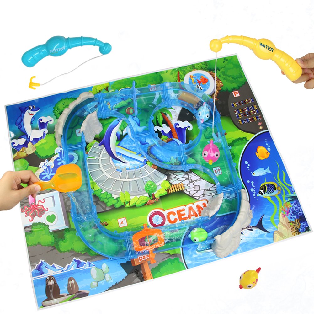 Water Play Table Toy Fishing Game Splash Waterpark with Accessories and Music Shine for Kids 3+, 30*29*17cm, Small Size