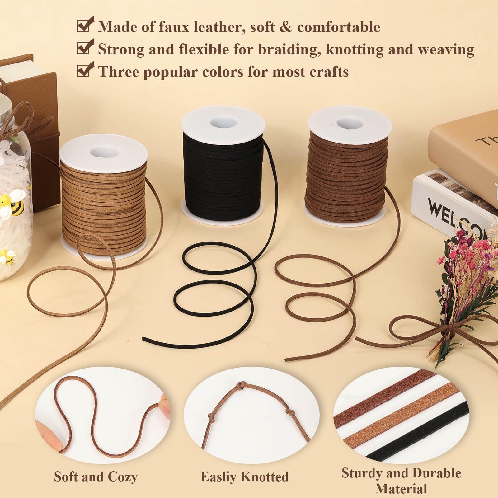 Anezus 3 Rolls Flat Leather String Cord, Suede Ribbon for Jewelry Making, Leather Twine for Crafts, Thin Leather Shoe Laces for Boots, Faux Leather Strips for Bracelets, Necklaces