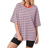 TERIVEEK Women Oversized Striped Color Block Short Sleeve Crew Neck T-Shirts Casual Loose Pullover Tops Summer Tee Shirt