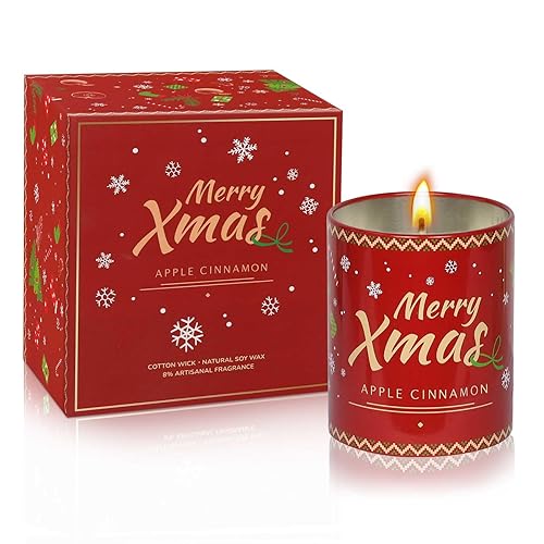 Christmas Candles Apple Cinnamon Scented Candles, Aromatherapy Holiday Candles for Home Scented, Natural Soy Wax Christmas Candle Gift for Women Men, Jar Candles 10oz 55 Hour Long Lasting Burn Candles