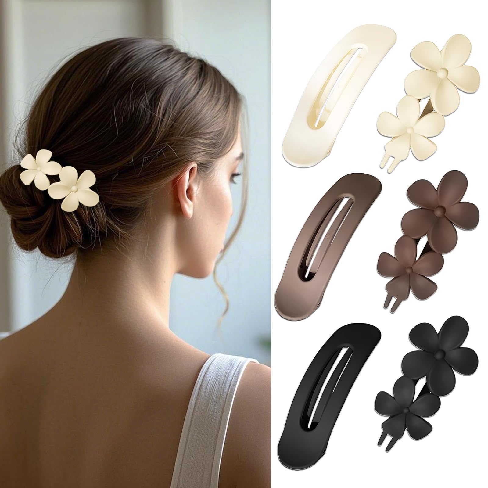 6 Pcs Hair Claw Clips Sets, Flower Matte Hair Clips, Large Flat Hair Clip for Women, Strong Hold Jaw Hair Clips for Women Girls, 2 Styles Claw Clips for Thin Thick Curly Straight Hair Accessories