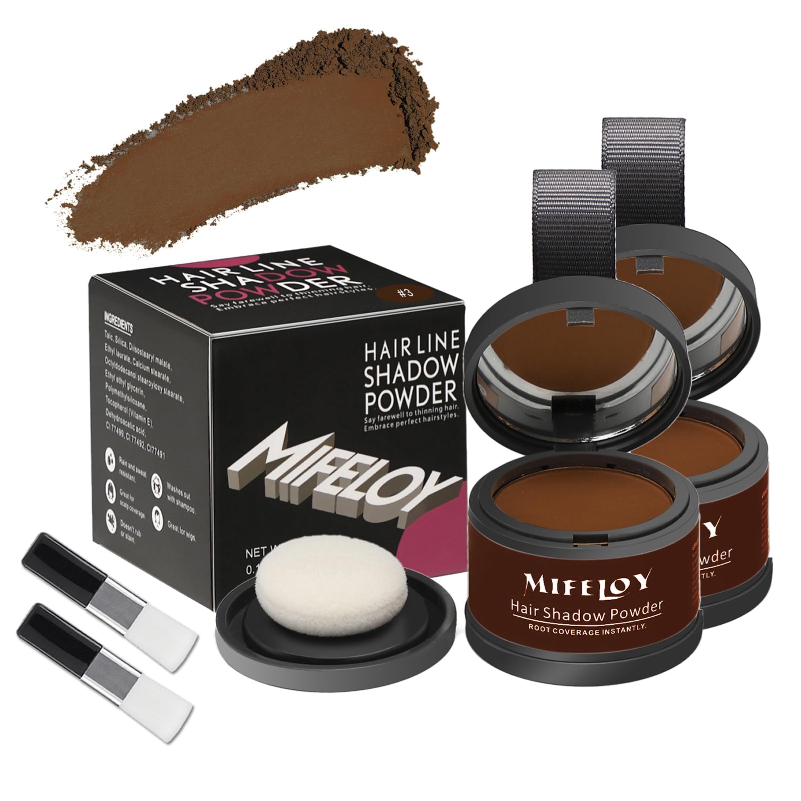 Mifeloy 2 Set Root Cover Up Powder, Dark Brown, Touch Up Hair Color for Grey, Roots Coverage Powder for Thinning Grays Hairline, Eyebrow, Instantly Conceals Hair Loss