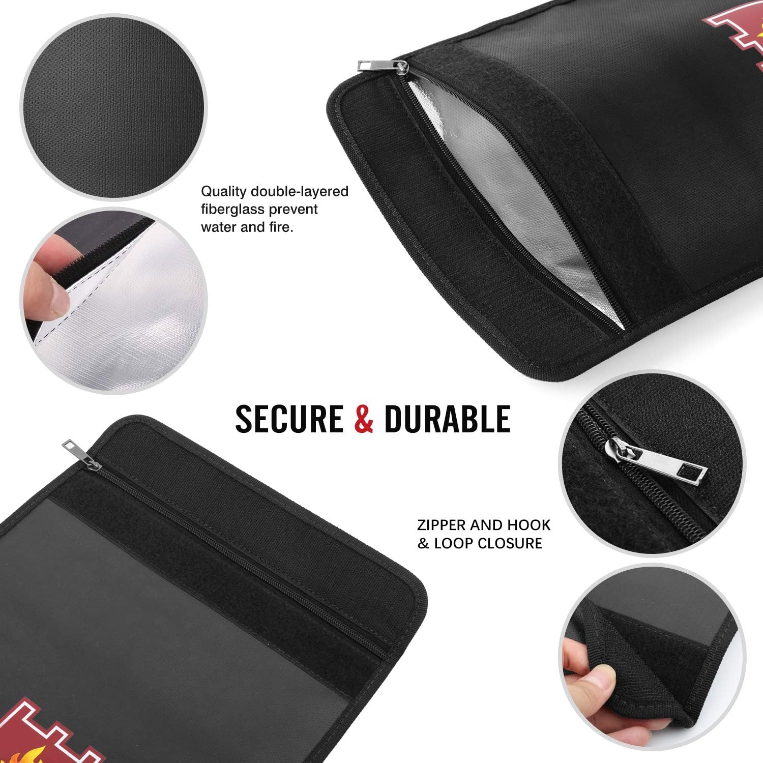 Fireproof Money & Document Bag, MoKo 15" x 11" Fire & Water Resistant Cash & Envelope Holder, Protect Your Valuables, Documents, Money, Jewelry, Zipper Closure for Maximum Protection, Black - - 