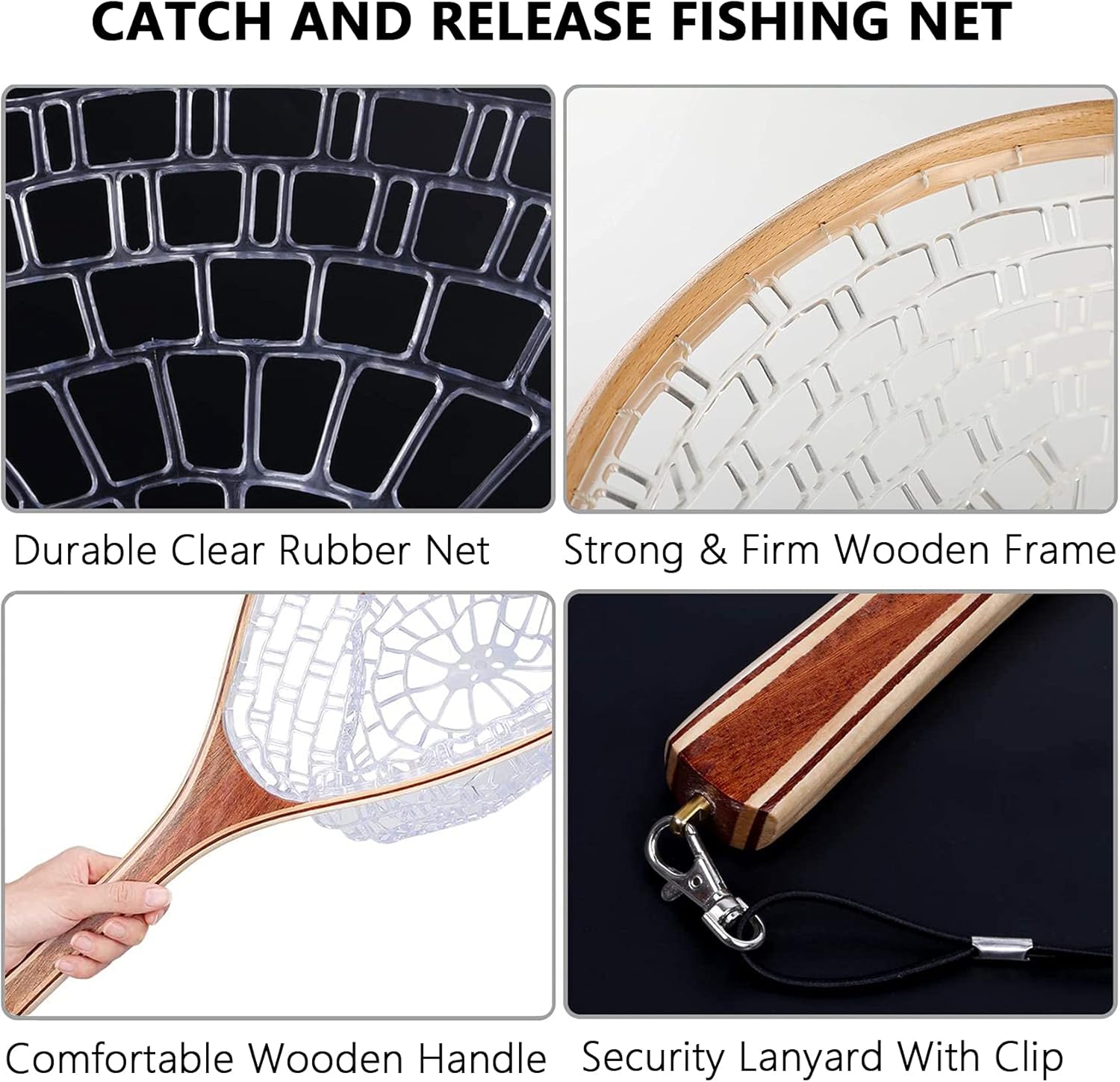 FISHARE Fly Fishing Landing Net, Wooden Frame Fish Net with Clear Soft Rubber Mesh or Waterproof Nylon Mesh for Trout Fishing Catch and Release : Sports & Outdoors