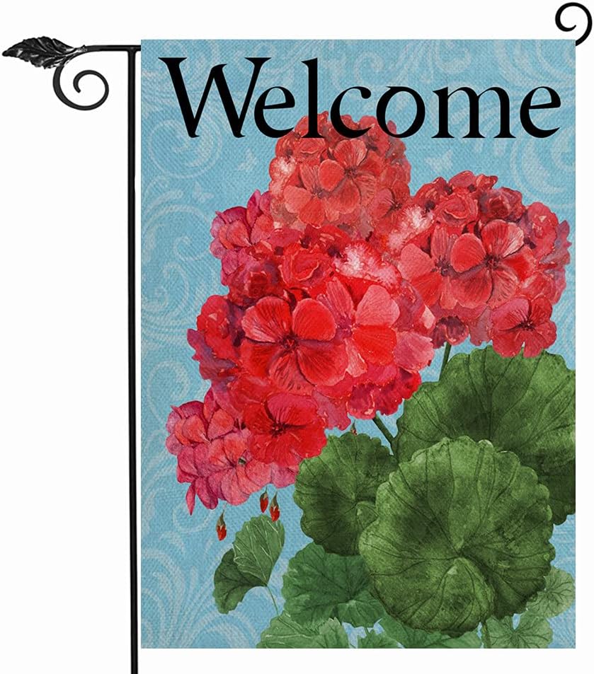Furiaz Welcome Spring Summer Garden Flag, House Yard Lawn Decorative Small Flag Red Geranium Flowers Home Outside Decorations Sign, Seasonal Farmhouse Burlap Outdoor Decor Flag Double Sided 12 x 18