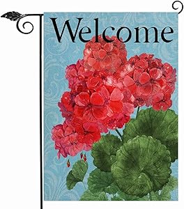 Furiaz Welcome Spring Summer Garden Flag, House Yard Lawn Decorative Small Flag Red Geranium Flowers Home Outside Decorations Sign, Seasonal Farmhouse Burlap Outdoor Decor Flag Double Sided 12 x 18