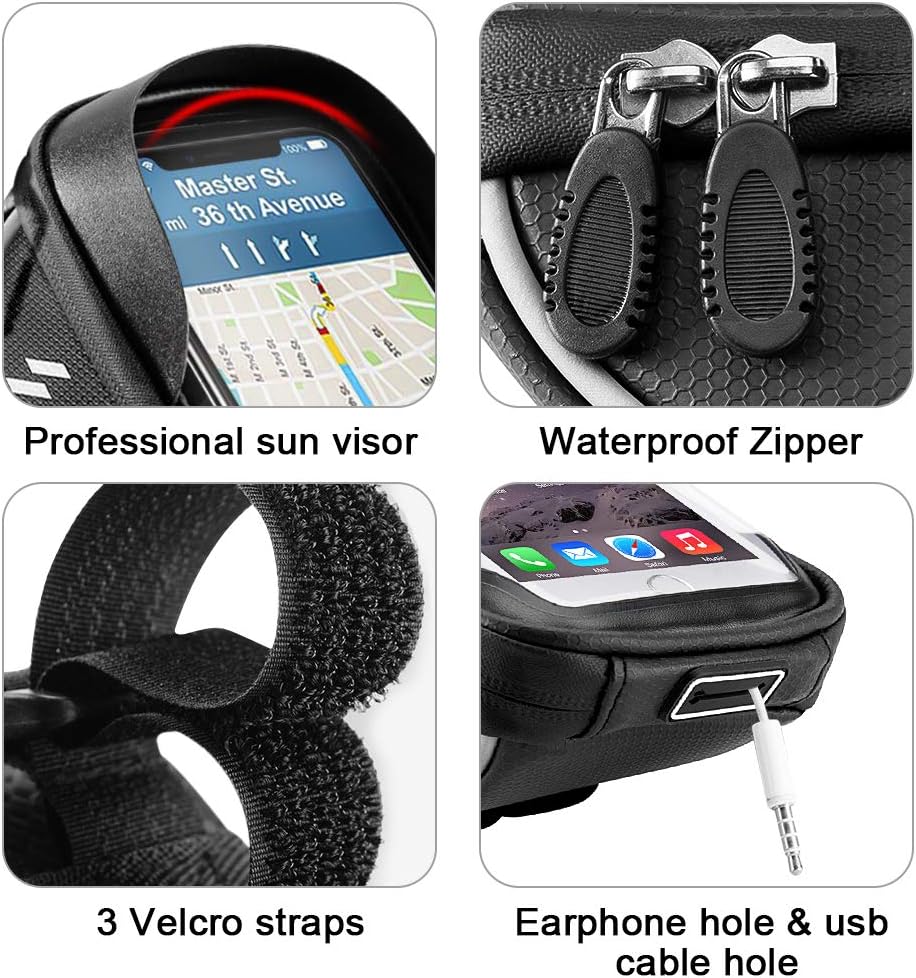 Bike Bicycle Phone Mount Bags - Waterproof Front Frame Top Tube Handlebar Bags with Touch Screen Phone Holder Case Sports Bicycle Bike Storage Bag Cycling Pack Fits iPhone 7 8 Plus xs max (Black) : Sports & Outdoors