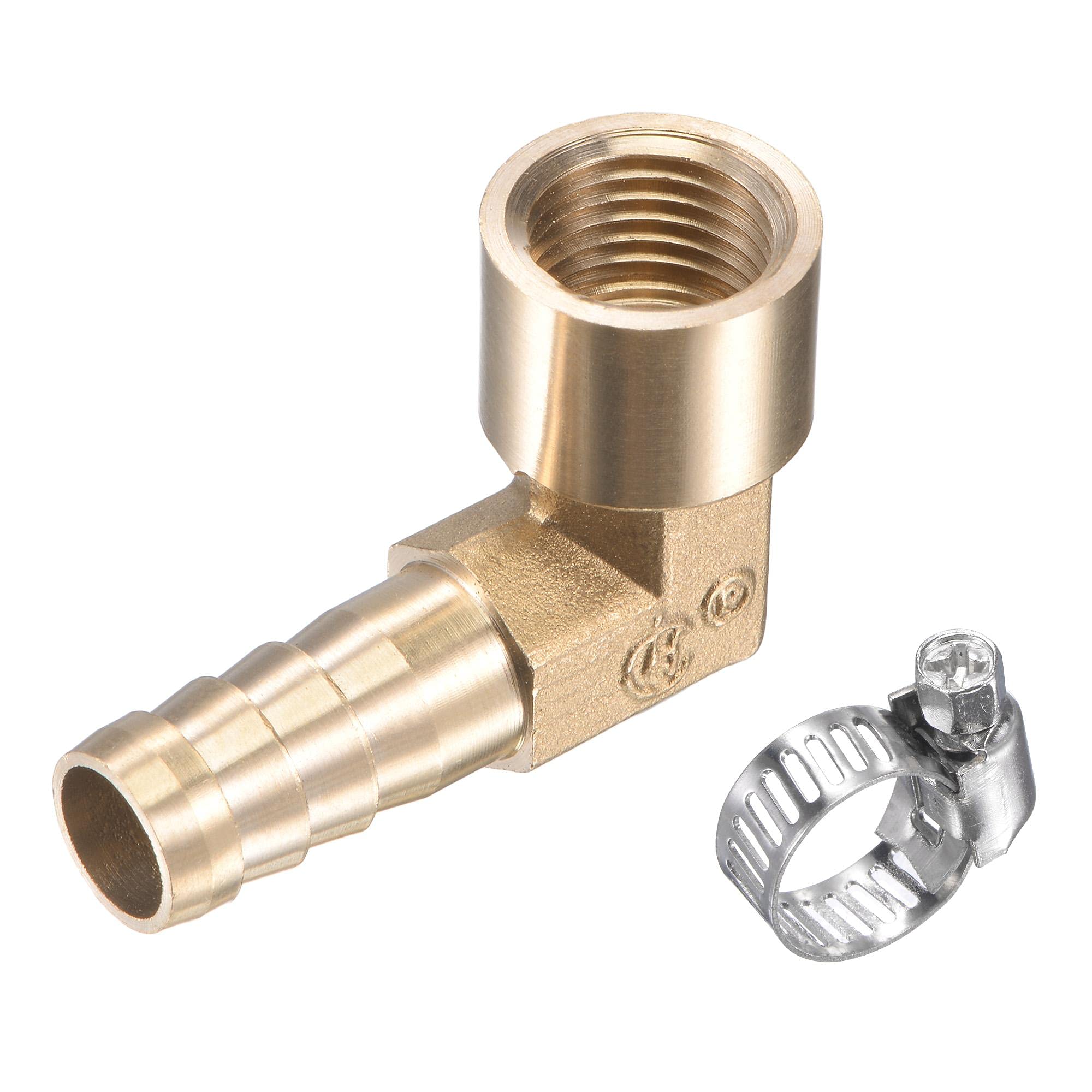 sourcing map Brass Hose Barb Fitting Elbow 10mm x G1/4 Female Thread Right Angle Pipe Connector with Stainless Steel Hose Clamp