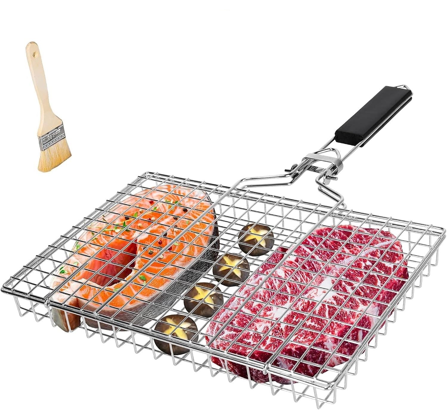 OKYUK Upgrade BBQ Grill Basket, Fish Grill Basket, Stainless Steel Folding Grilling baskets With Handle, Portable Outdoor Camping BBQ Rack for Barbecue Vegetables, Barbeque Griller Tools